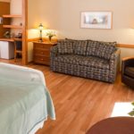 Patient rooms are large and fully furnished. All rooms are on the ground floor and most have private patios; for safety, our Hospice Memory Care Suites do not have access to patios--instead, they have a secure outdoor courtyard. 
