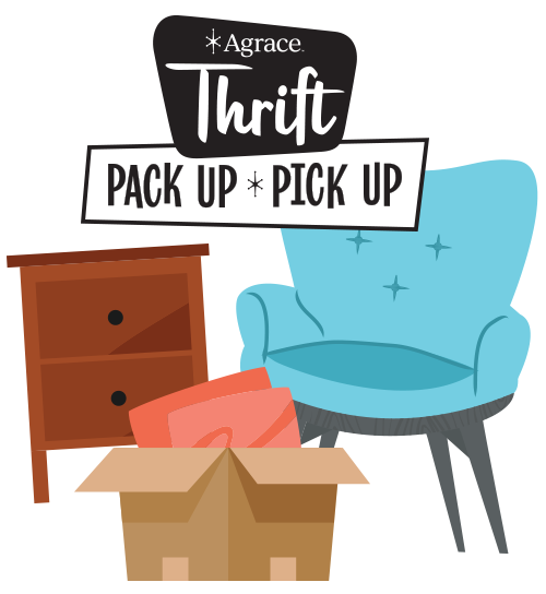 Thrift Pack Up Pick Up logo with chair, side table and cardboard box with pillow inside