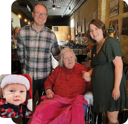 The parents to-be, Ajay and Kara, celebrate with Agrace Hospice Care patient Carol Dorn. Left: Carol’s new great-grandson, Leland. 