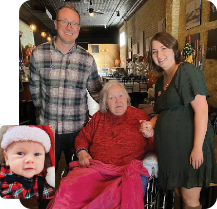 The parents to-be, Ajay and Kara, celebrate with Agrace Hospice Care patient Carol Dorn. Left: Carol’s new great-grandson, Leland. 