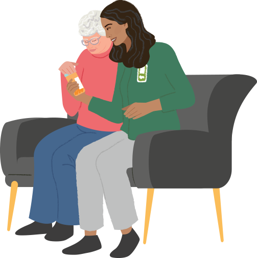 supportive care illustration - agrace staff member sitting with patient on couch looking at medication 