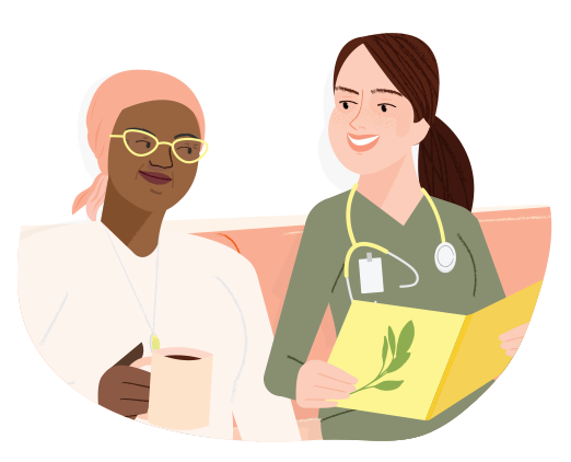 supportive care illustration - agrace staff member sitting with patient going over paperwork