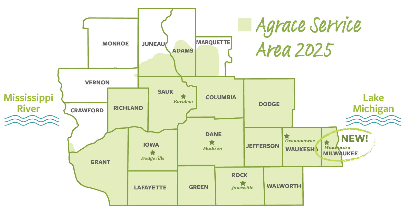 Agrace service area map for 2025 now including Milwaukee County