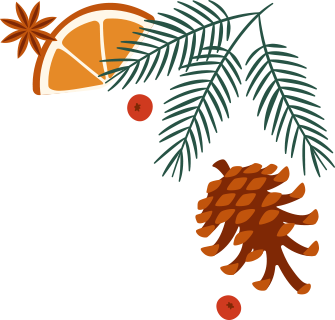 winter foliage illustration with pine needles, orange, cinnamon, berries and pincone