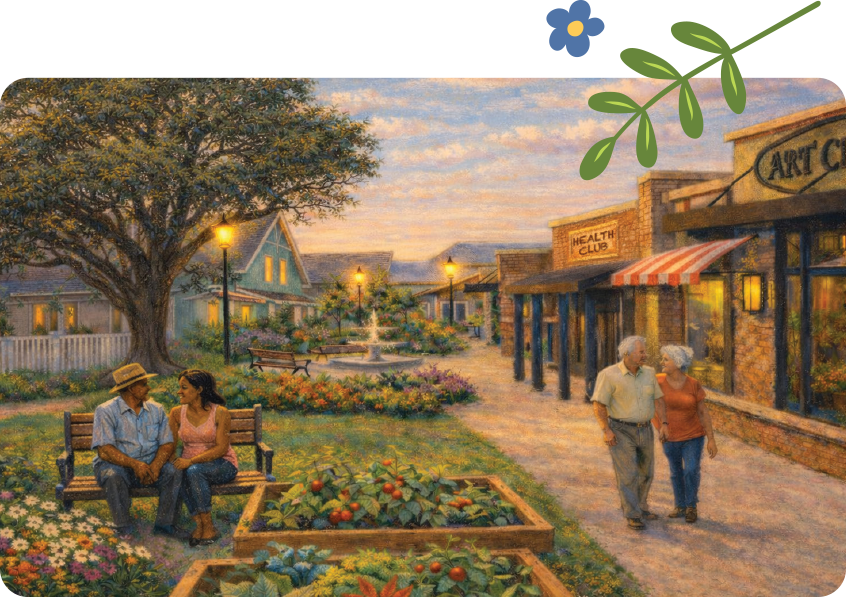 agrace dementia village rendering with walkway, shops and homes